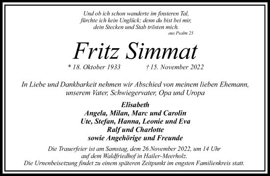 Traueranzeige von Fritz Simmat von Gelnhäuser Neue Zeitung
