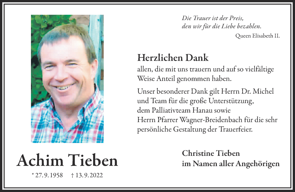  Traueranzeige für Achim Tieben vom 01.10.2022 aus Gelnhäuser Neue Zeitung