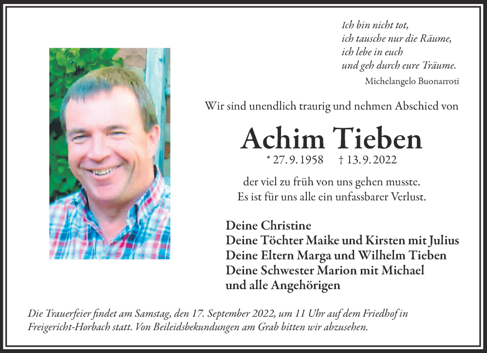  Traueranzeige für Achim Tieben vom 16.09.2022 aus Gelnhäuser Neue Zeitung