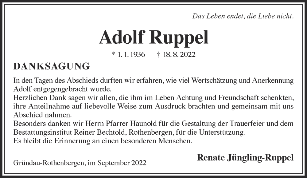  Traueranzeige für Adolf Ruppel vom 10.09.2022 aus Gelnhäuser Neue Zeitung