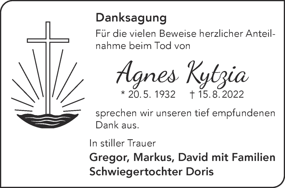  Traueranzeige für Agnes Kytzia vom 10.09.2022 aus Gelnhäuser Neue Zeitung