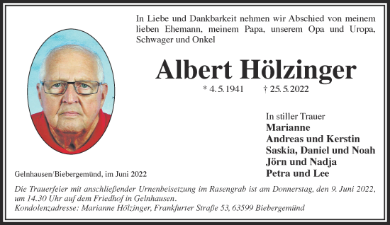 Traueranzeige von Albert Hölzinger von Gelnhäuser Neue Zeitung