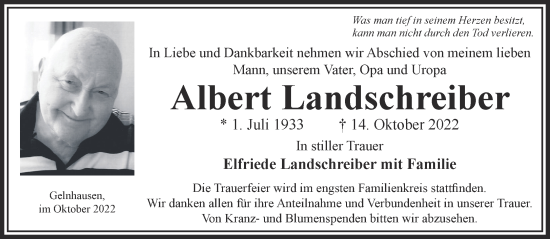 Traueranzeige von Albert Landschreiber von Gelnhäuser Neue Zeitung