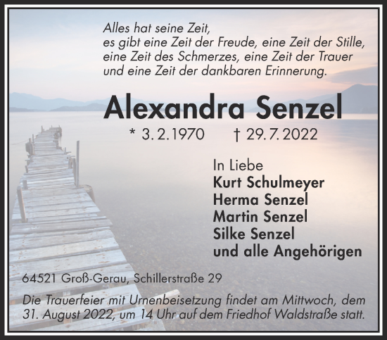 Traueranzeige von Alexandra Senzel von Gelnhäuser Neue Zeitung