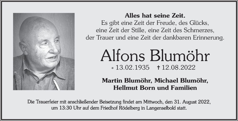  Traueranzeige für Alfons Blumöhr vom 27.08.2022 aus Mittelhessen-Bote
