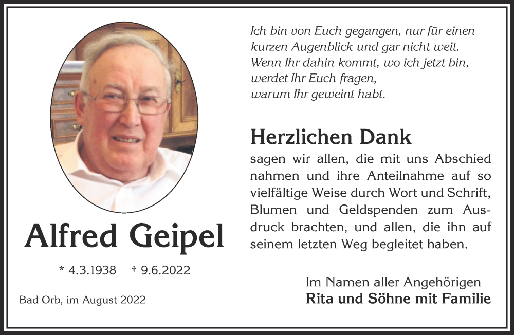  Traueranzeige für Alfred Geipel vom 06.08.2022 aus Mittelhessen-Bote