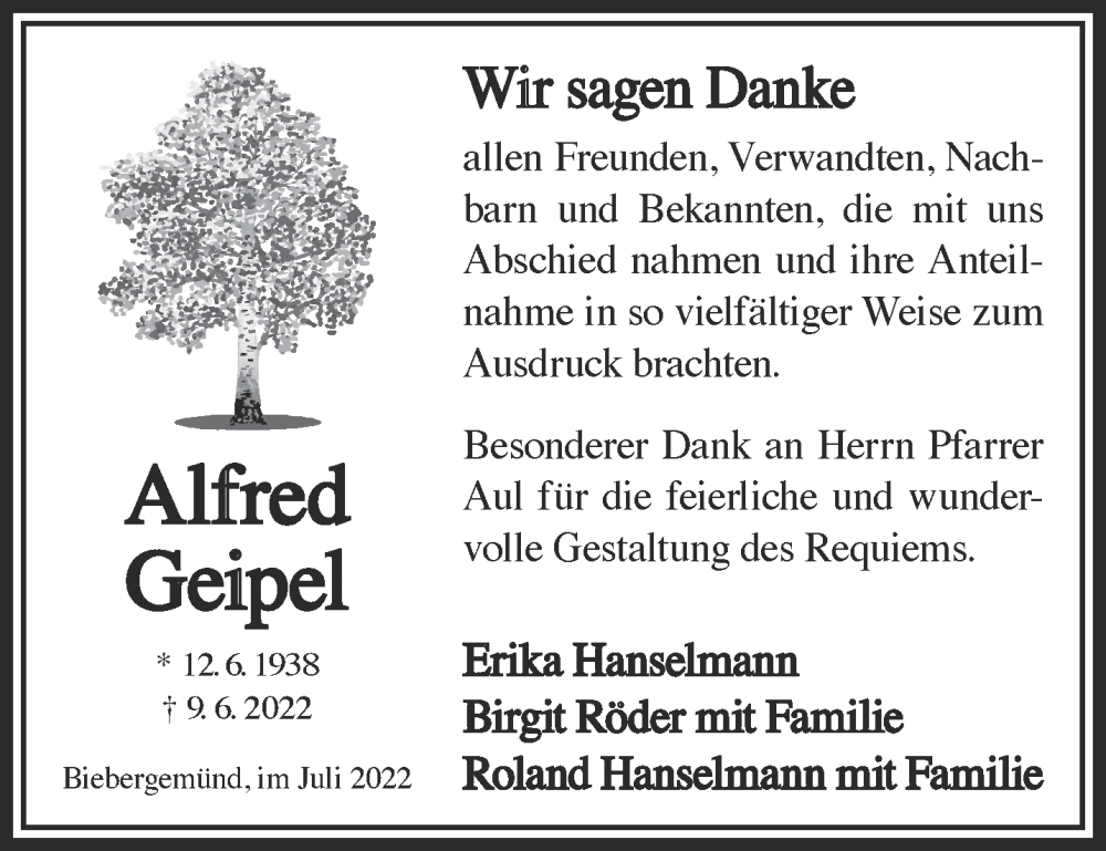  Traueranzeige für Alfred Geipel vom 23.07.2022 aus Gelnhäuser Neue Zeitung