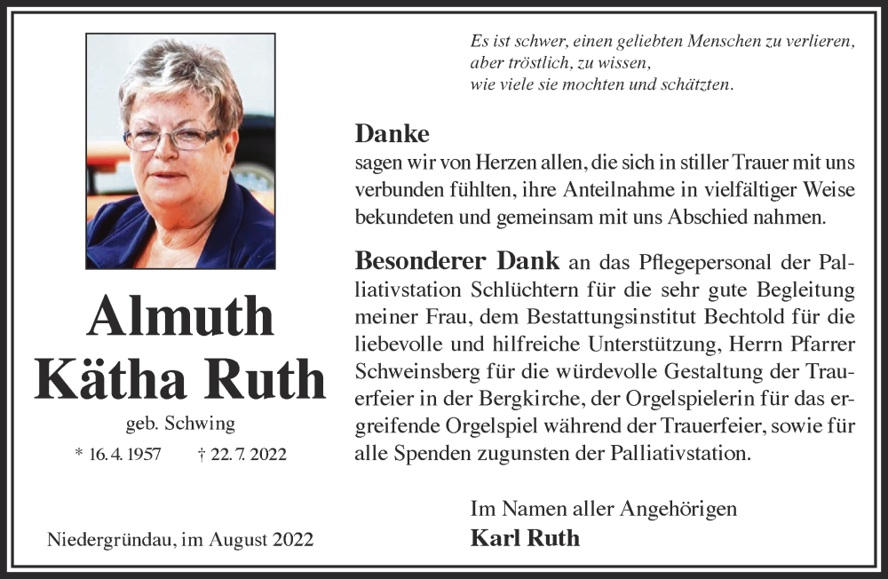  Traueranzeige für Almuth Kätha Ruth vom 27.08.2022 aus Gelnhäuser Neue Zeitung