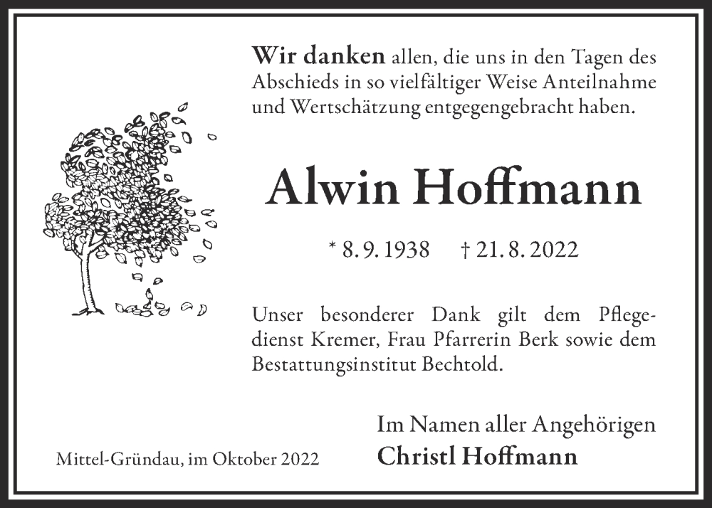  Traueranzeige für Alwin Hoffmann vom 15.10.2022 aus Gelnhäuser Neue Zeitung