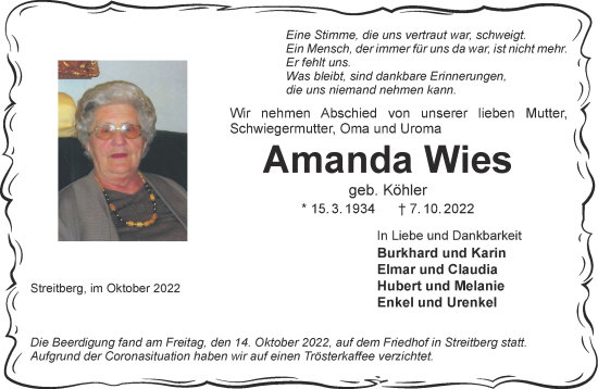 Traueranzeige von Amanda Wies von Mittelhessen-Bote