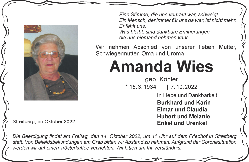  Traueranzeige für Amanda Wies vom 11.10.2022 aus Gelnhäuser Neue Zeitung