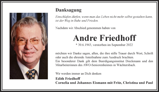 Traueranzeige von Andre Friedhoff von Gelnhäuser Neue Zeitung