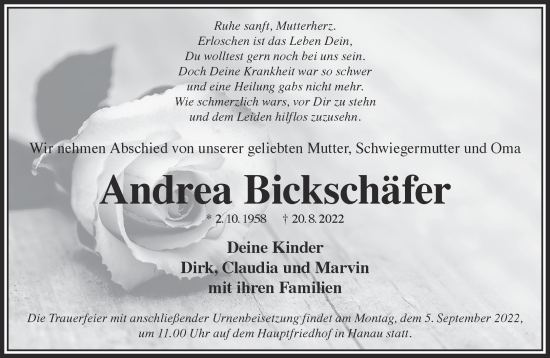 Traueranzeige von Andrea Bickschäfer von Gelnhäuser Neue Zeitung