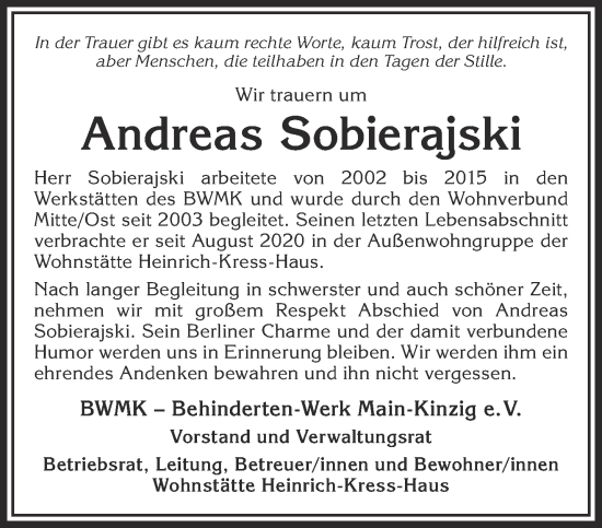 Traueranzeige von Andreas Sobierajski von Gelnhäuser Neue Zeitung