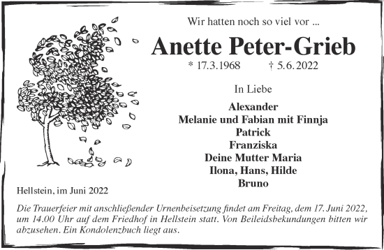 Traueranzeige von Anette Peter-Grieb von Gelnhäuser Neue Zeitung