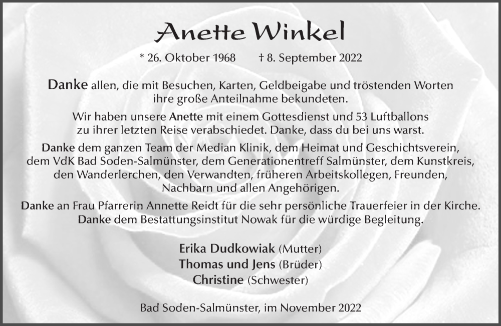  Traueranzeige für Anette Winkel vom 12.11.2022 aus Gelnhäuser Neue Zeitung