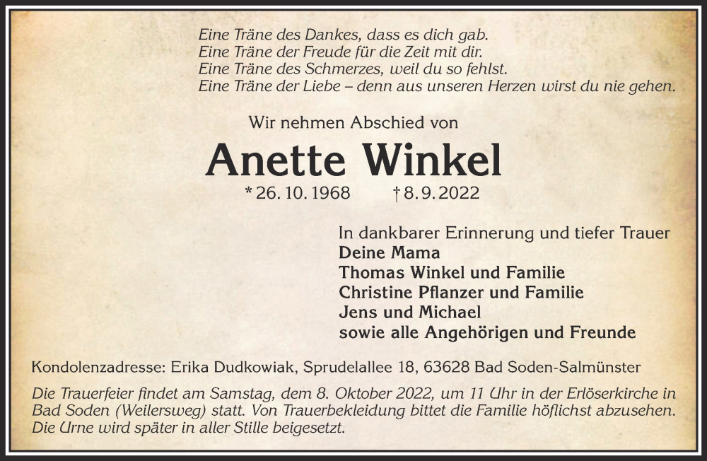  Traueranzeige für Anette Winkel vom 01.10.2022 aus Gelnhäuser Neue Zeitung