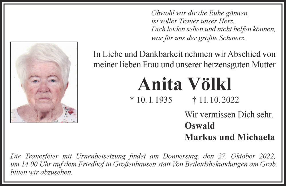  Traueranzeige für Anita Völkl vom 22.10.2022 aus Gelnhäuser Neue Zeitung