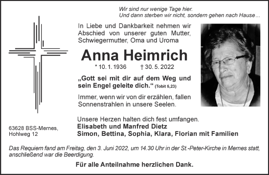 Traueranzeige von Anna Heimrich von Mittelhessen-Bote