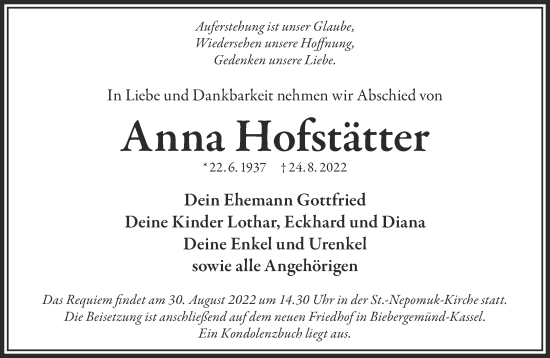 Traueranzeige von Anna Hofstätter von Gelnhäuser Neue Zeitung