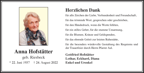 Traueranzeige von Anna Hofstätter von Gelnhäuser Neue Zeitung