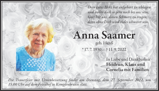 Traueranzeige von Anna Saamer von Mittelhessen-Bote