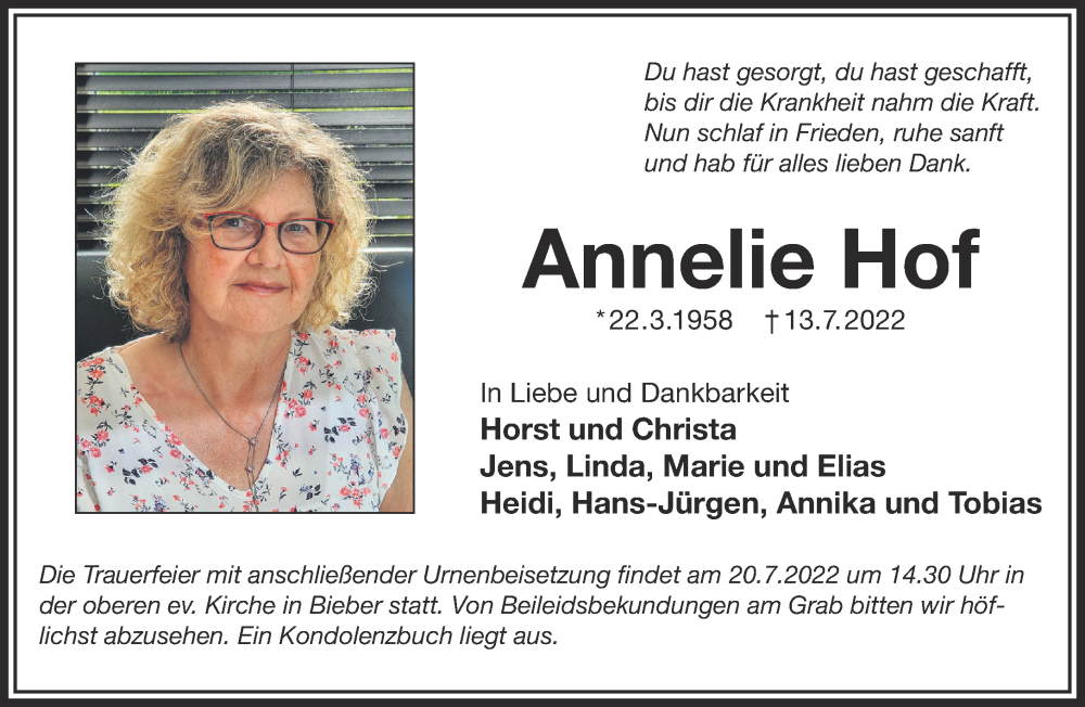  Traueranzeige für Annelie Hof vom 16.07.2022 aus Mittelhessen-Bote
