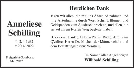 Traueranzeige von Anneliese Schilling von Gelnhäuser Neue Zeitung