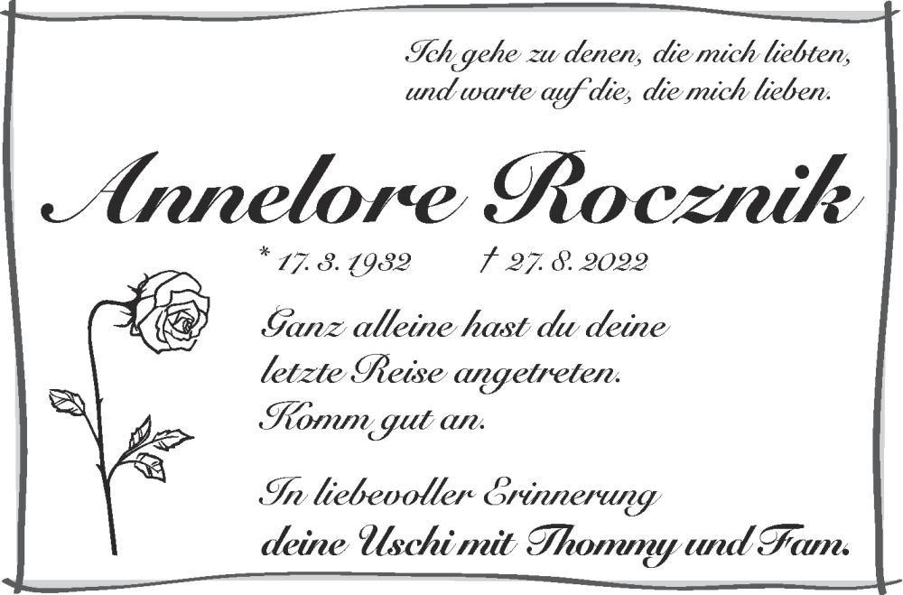  Traueranzeige für Annelore Rocznik vom 10.09.2022 aus Mittelhessen-Bote