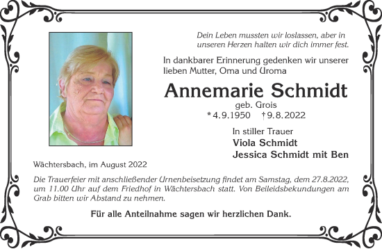 Traueranzeige von Annemarie Schmidt von Mittelhessen-Bote