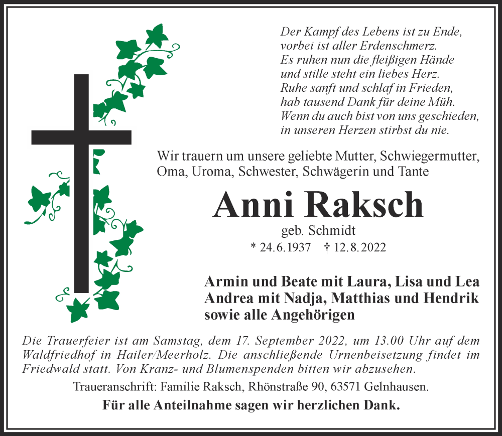  Traueranzeige für Anni Raksch vom 27.08.2022 aus Mittelhessen-Bote