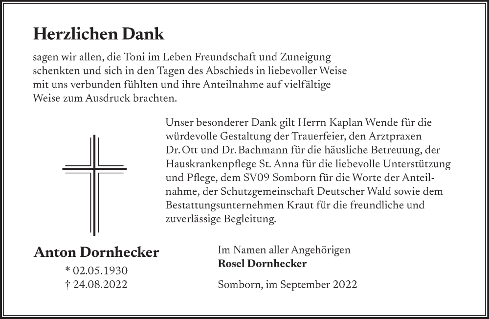  Traueranzeige für Anton Dornhecker vom 08.10.2022 aus Gelnhäuser Neue Zeitung