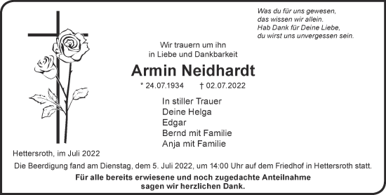 Traueranzeige von Armin Neidhardt von Mittelhessen-Bote