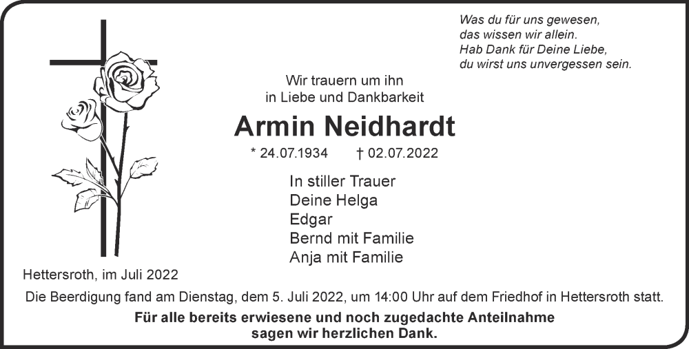  Traueranzeige für Armin Neidhardt vom 09.07.2022 aus Mittelhessen-Bote