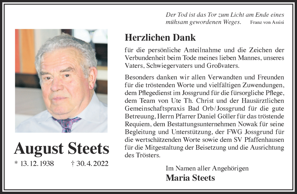  Traueranzeige für August Steets vom 04.06.2022 aus Gelnhäuser Neue Zeitung