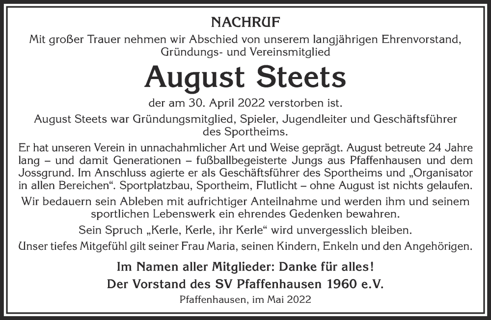  Traueranzeige für August Steets vom 07.05.2022 aus Gelnhäuser Neue Zeitung
