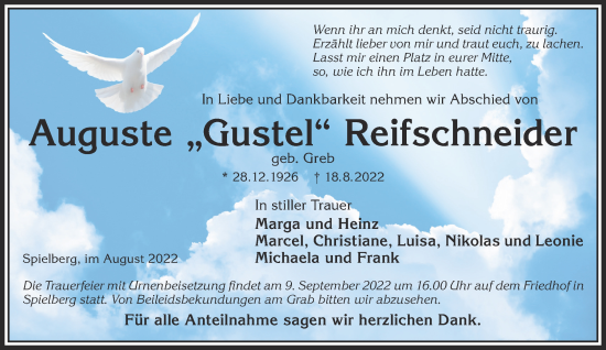 Traueranzeige von Auguste Reifschneider von Gelnhäuser Neue Zeitung
