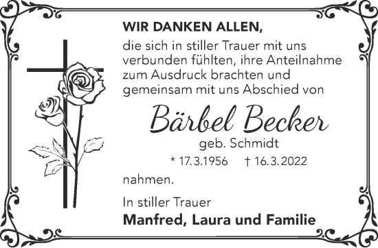 Traueranzeige von Bärbel Becker von Mittelhessen-Bote