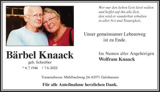 Traueranzeige von Bärbel Knaack von Gelnhäuser Neue Zeitung