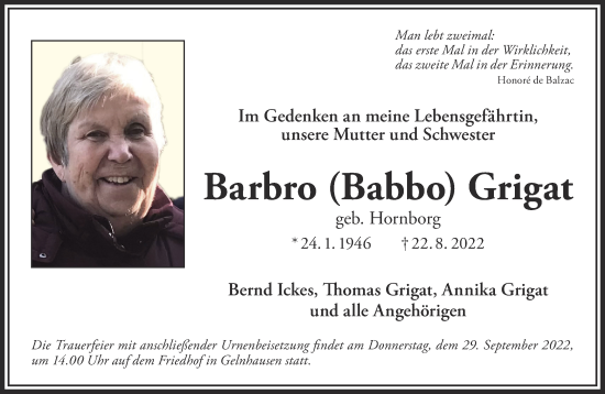 Traueranzeige von Barbro Grigat von Gelnhäuser Neue Zeitung