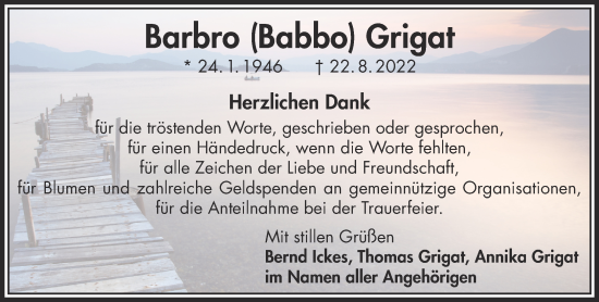 Traueranzeige von Barbro Grigat von Gelnhäuser Neue Zeitung