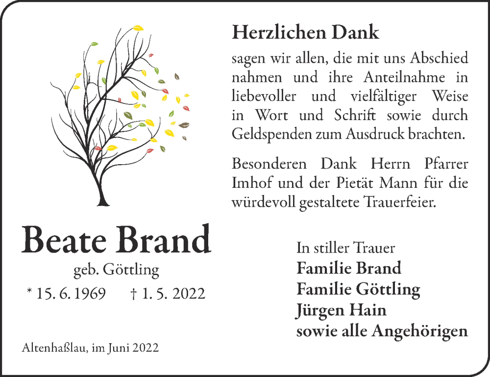 Traueranzeige für Beate Brand vom 04.06.2022 aus Gelnhäuser Neue Zeitung