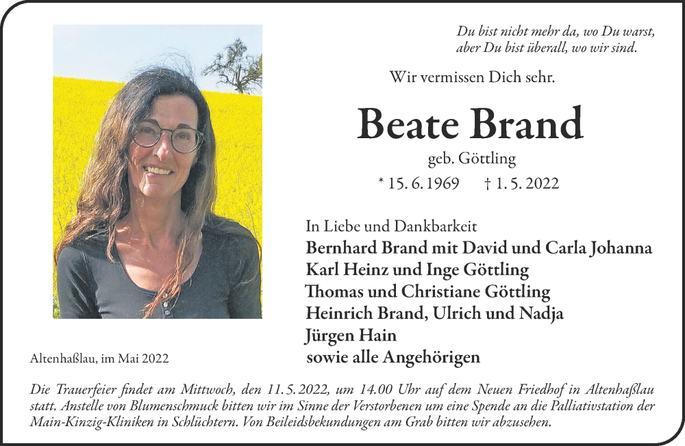  Traueranzeige für Beate Brand vom 07.05.2022 aus Gelnhäuser Neue Zeitung