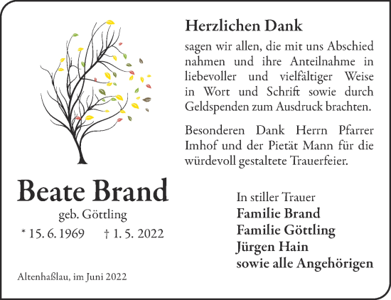 Traueranzeige von Beate Brand von Gelnhäuser Neue Zeitung