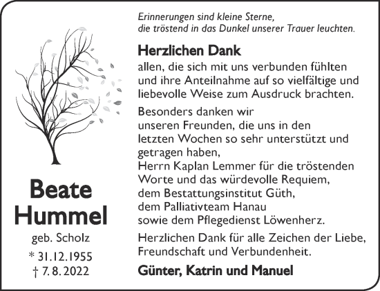 Traueranzeige von Beate Hummel von Gelnhäuser Neue Zeitung