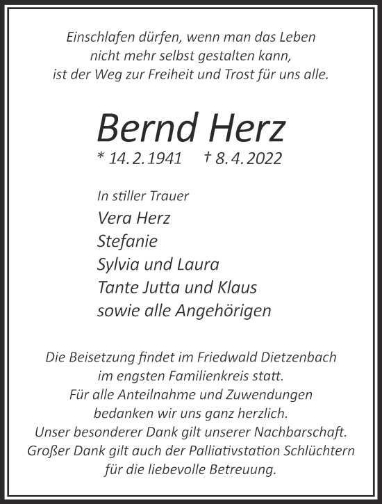 Traueranzeige von Bernd Herz von Gelnhäuser Neue Zeitung