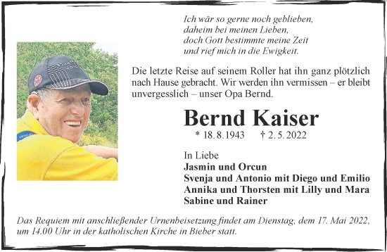 Traueranzeige von Bernd Kaiser von Gelnhäuser Neue Zeitung