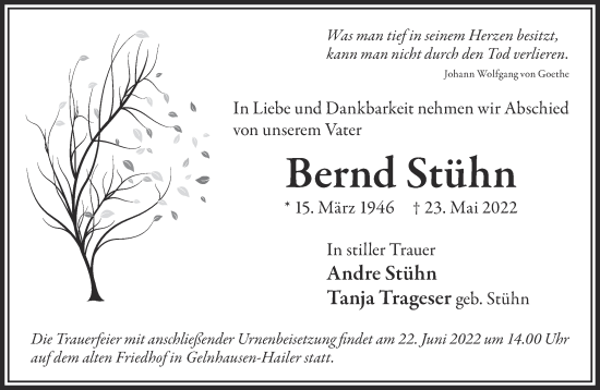 Traueranzeige von Bernd Stühn von Gelnhäuser Neue Zeitung