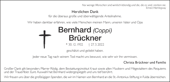 Traueranzeige von Bernhard Brückner von Gelnhäuser Neue Zeitung