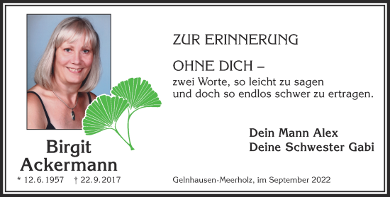 Traueranzeige von Birgit Ackermann von Gelnhäuser Neue Zeitung